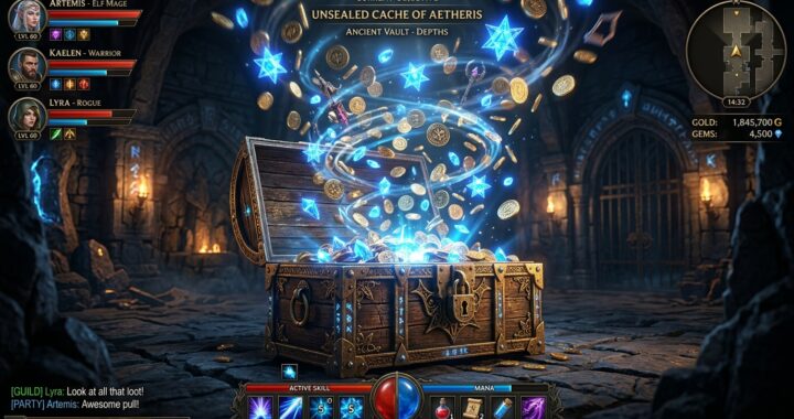 Unsealed Cache of Aethers in an ancient vault, glowing with blue energy and coins, revealing rare in.